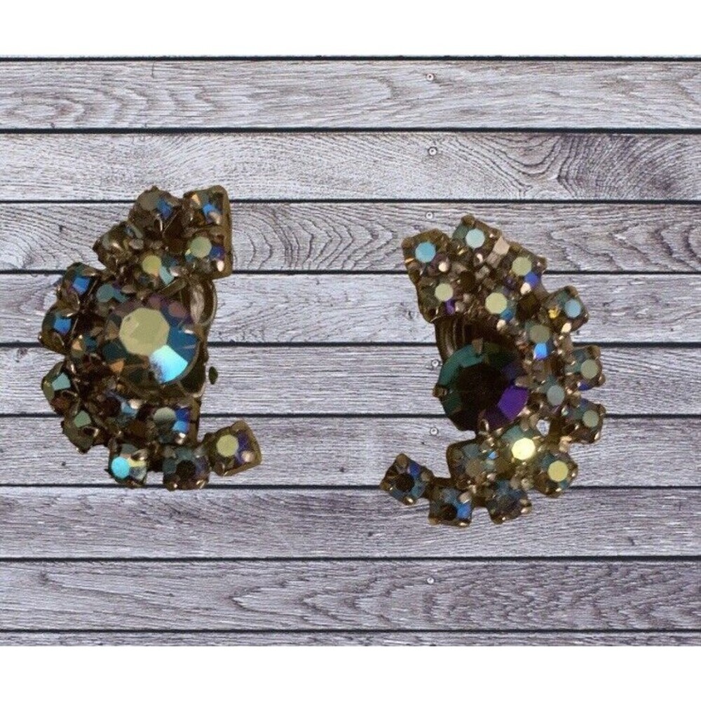 Aurora Borealis Clip On Earrings Blue Hue Vintage Estate Sale